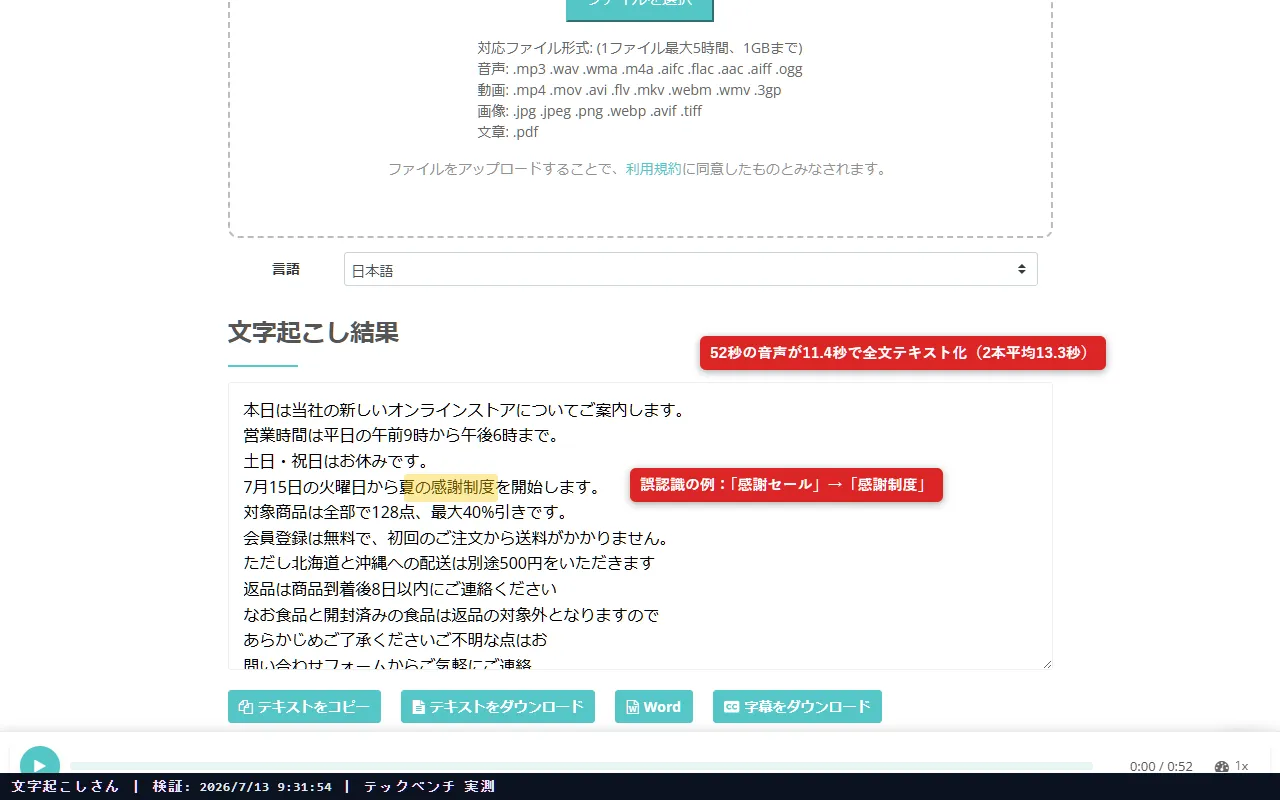 文字起こしさん の検証結果スクリーンショット（検証① クリア音声）