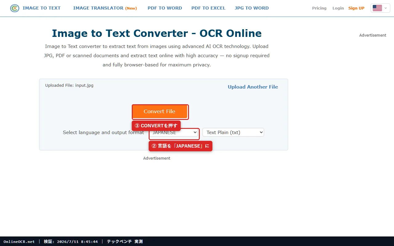 手順2: 言語を「JAPANESE」に変えてから「Convert File」を押す